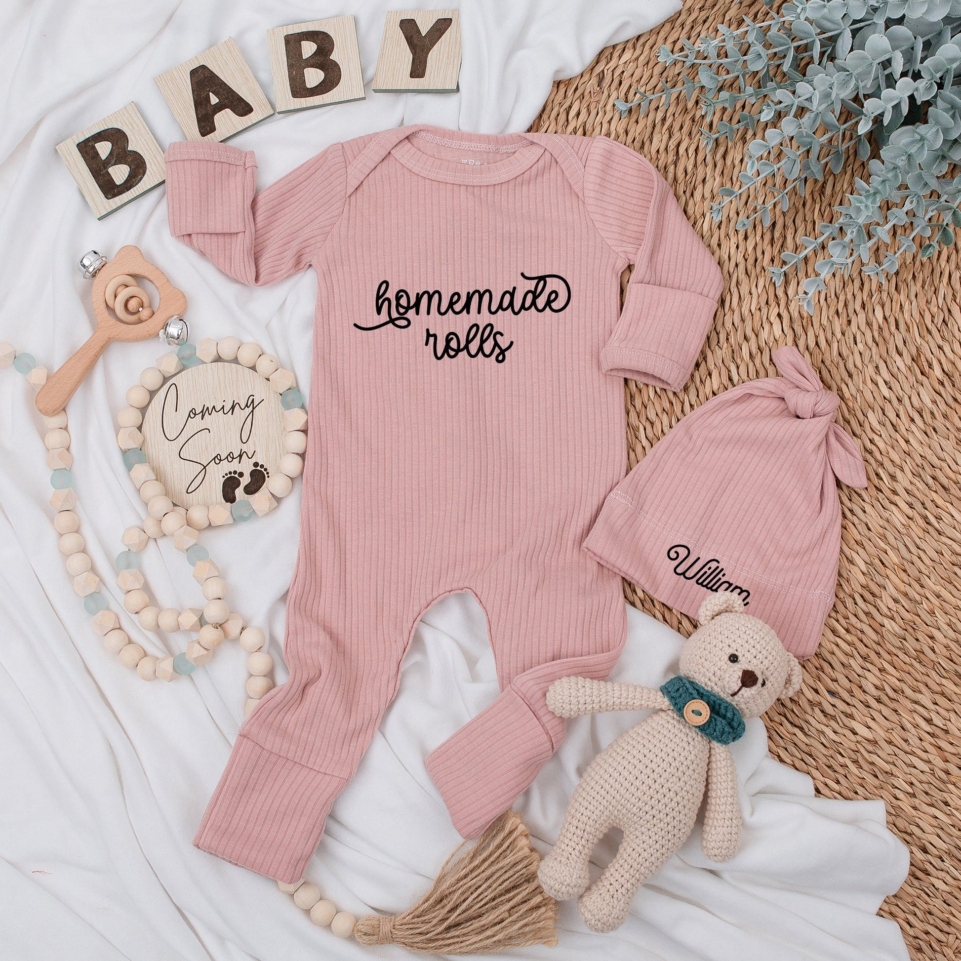 Personalized Newborn Bodysuit and Hat Set with Homemade Rolls William Name, Natural Retro Baby Outfit, Thanksgiving Reveal Gift