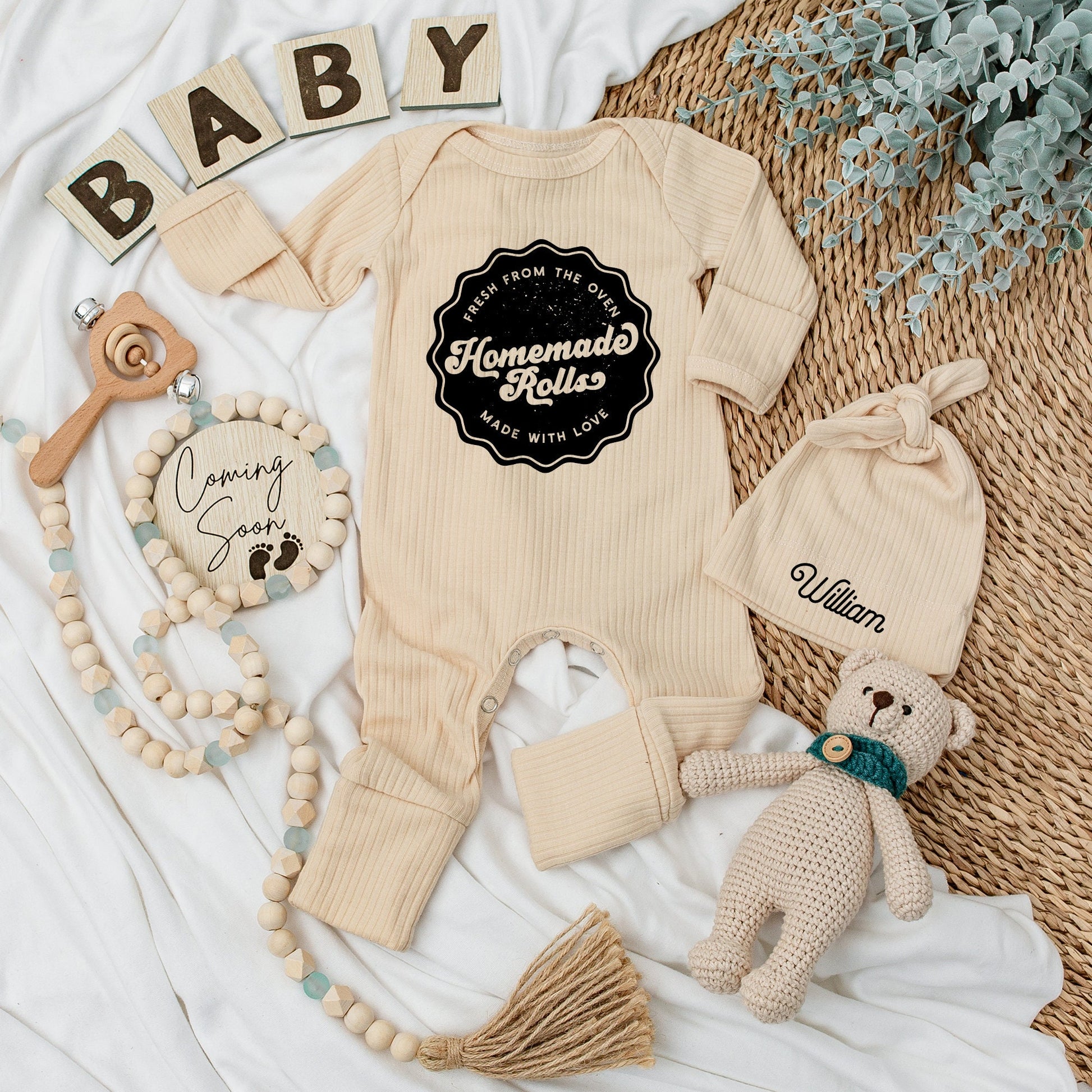 Personalized Homemade Rolls Baby Bodysuit & Hat Set Fresh from the Oven Vintage Rustic Pregnancy Reveal Gift