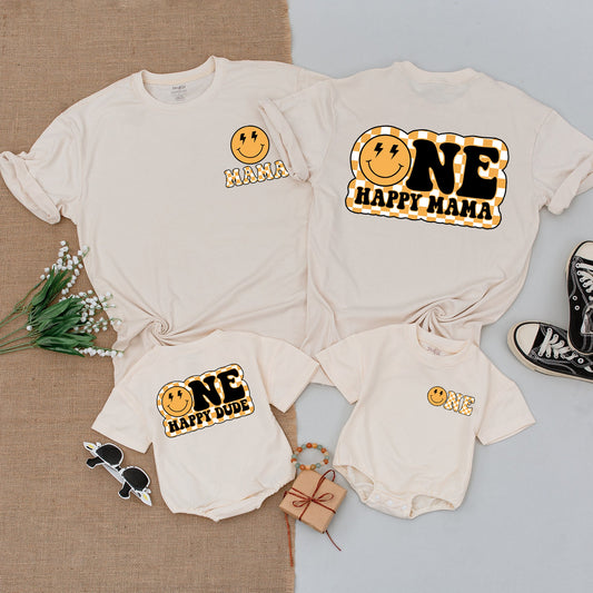 One Happy Dude 1st Birthday Shirts Matching Mommy and Me Outfit Yellow Smiley Face Family T-shirts Toddler Boy Bodysuit Retro