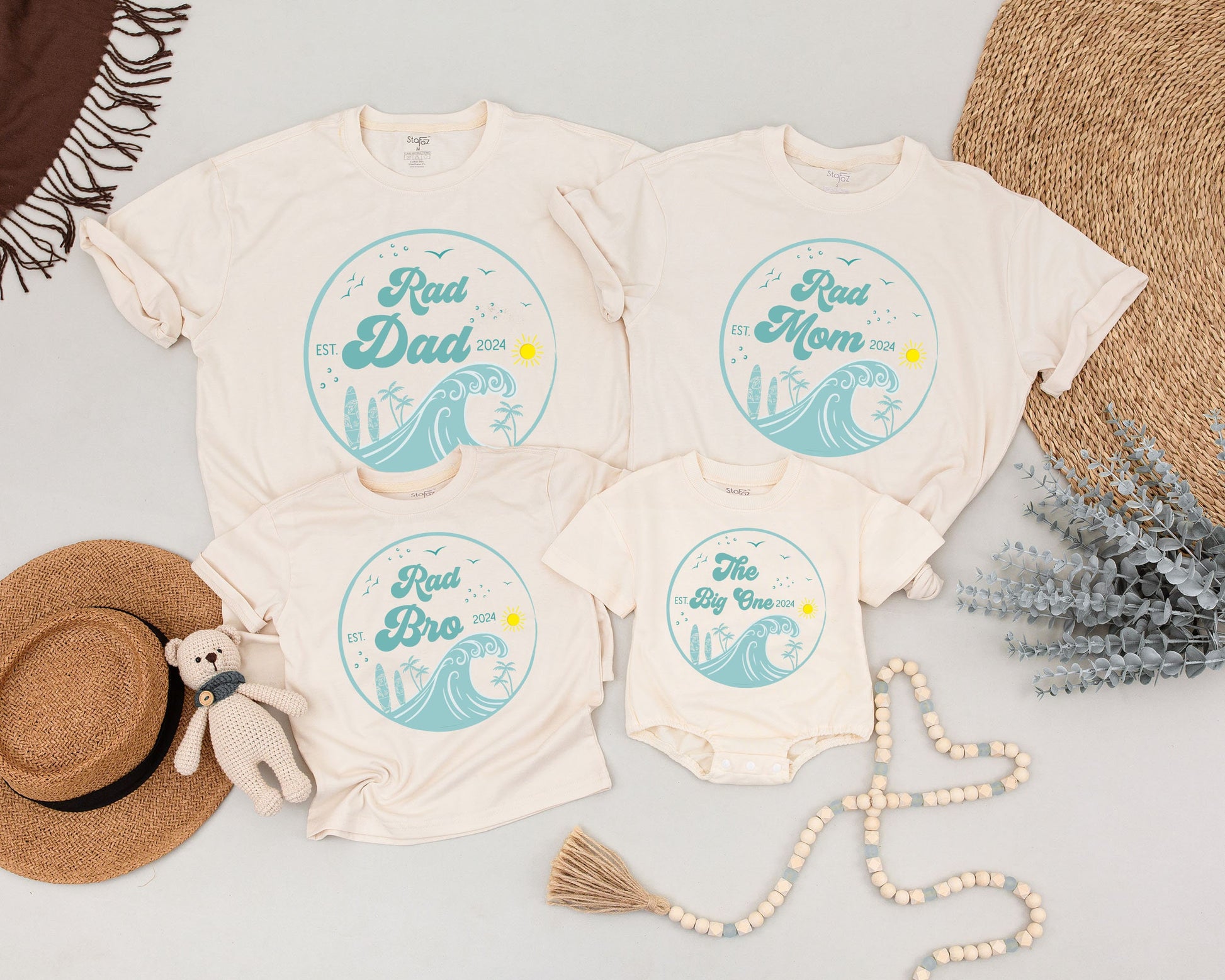 Matching Surf Family Birthday Shirts Rad Dad Mom The Big One 1st Birthday Boy Outfit Beachy Surfer Tees Teal Wave Palm Tree Sun Design EST 2024