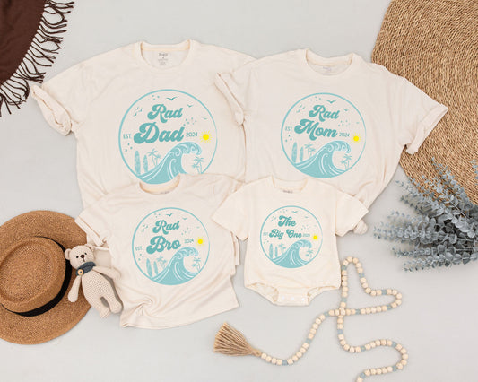 Matching Surf Family Birthday Shirts Rad Dad Mom The Big One 1st Birthday Boy Outfit Beachy Surfer Tees Teal Wave Palm Tree Sun Design EST 2024