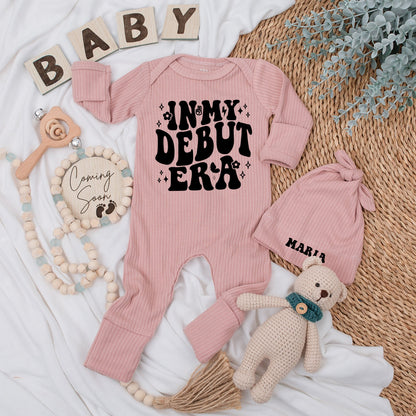 Personalized Baby 'In My Debut Era' Retro Bodysuit & Hat Set Newborn Announcement Pregnancy Reveal Going Home Outfit Cute Floral Gift
