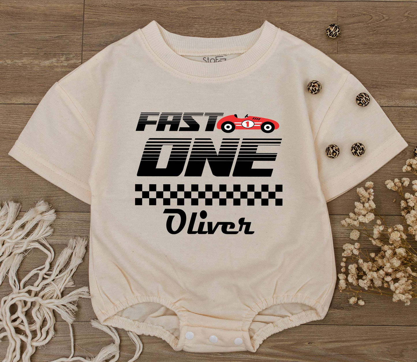 Fast One Race Car Romper: 1st Birthday Outfit & Family Tees  