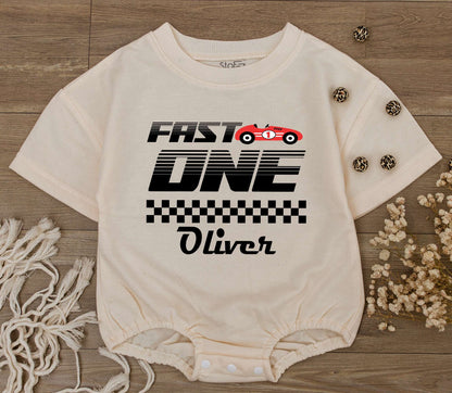 Fast One Race Car Romper: 1st Birthday Outfit & Family Tees  