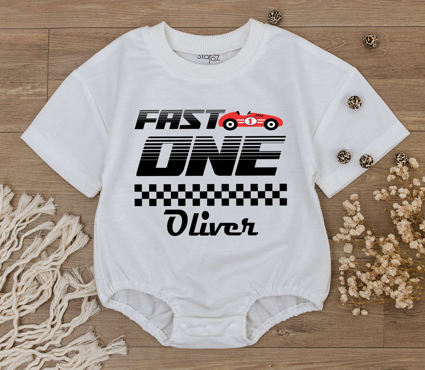 Fast One Race Car Romper: 1st Birthday Outfit & Family Tees  