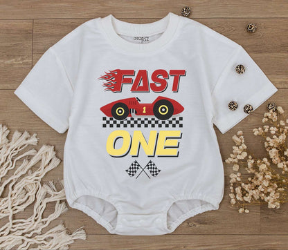 Fast One Race Car 1st Birthday Romper – Personalized Baby Outfit