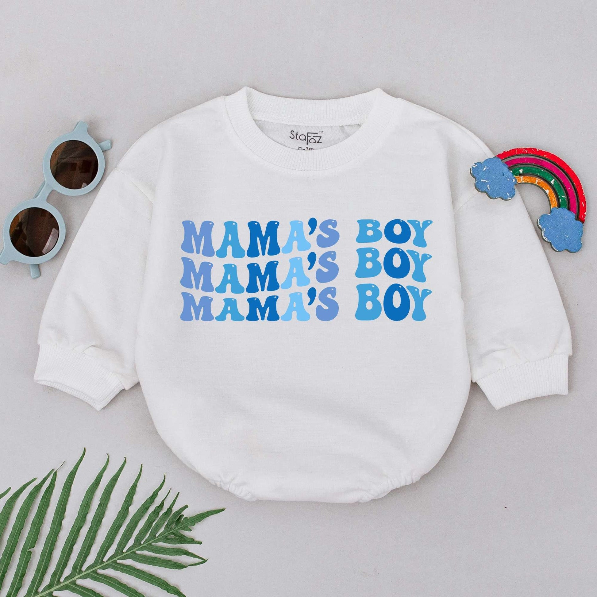 Mama's Boy Retro Bubble Font Blue Baby Boy Romper Bodysuit Cheerful Stacked Design Soft Newborn Infant Outfit Mother's Day Gift