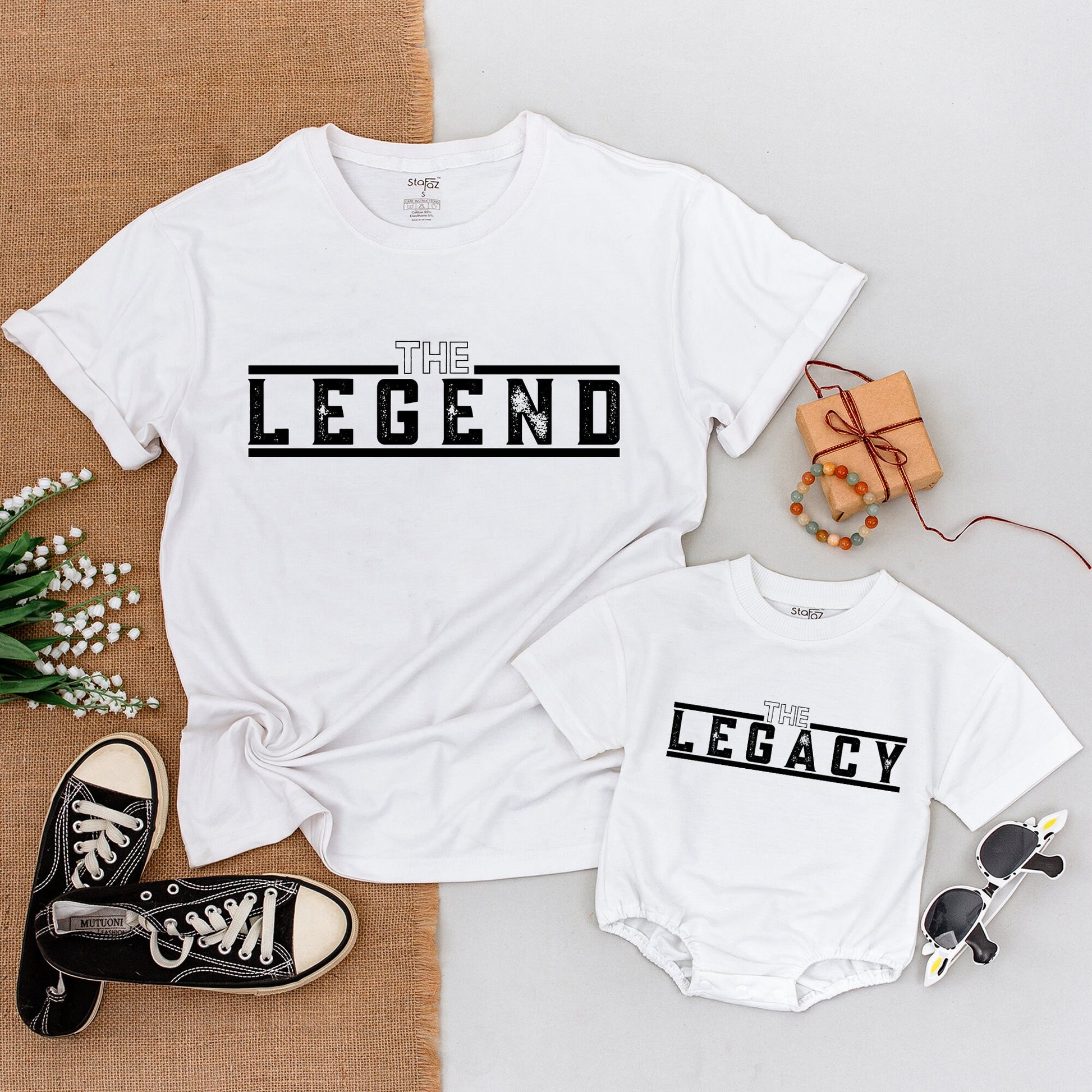 The Legend The Legacy Father Son Matching Shirt and Bodysuit Set Daddy and Me Modern Bold Black Text First Fathers Day Gift