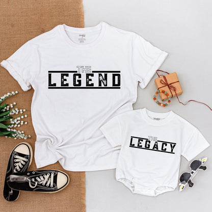The Legend The Legacy Father Son Matching Shirt and Bodysuit Set Daddy and Me Modern Bold Black Text First Fathers Day Gift