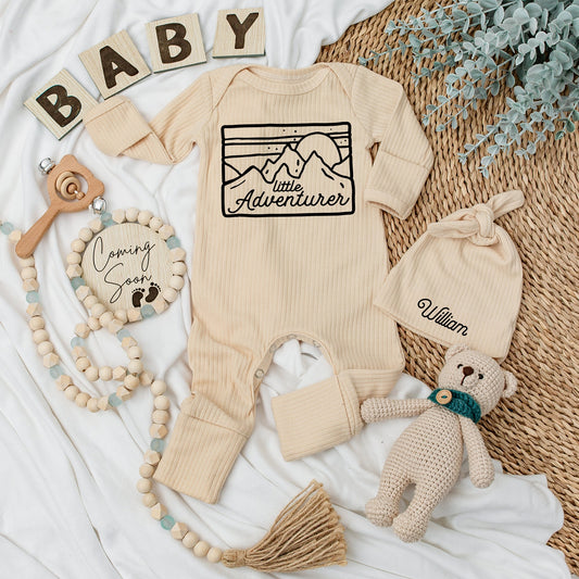 Personalized Little Adventurer Baby Bodysuit Hat Set Mountain Sun Design Custom Name Newborn Outfit Going Home Gift Cute Graphic Soft Cotton Clothing