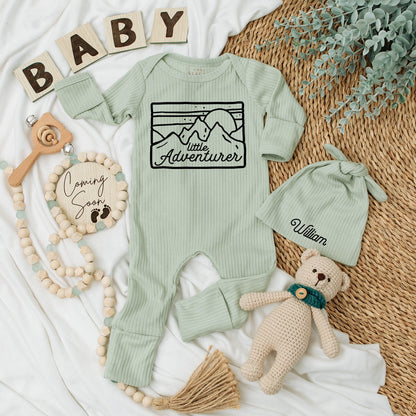 Personalized Little Adventurer Baby Bodysuit Hat Set Mountain Sun Design Custom Name Newborn Outfit Going Home Gift Cute Graphic Soft Cotton Clothing