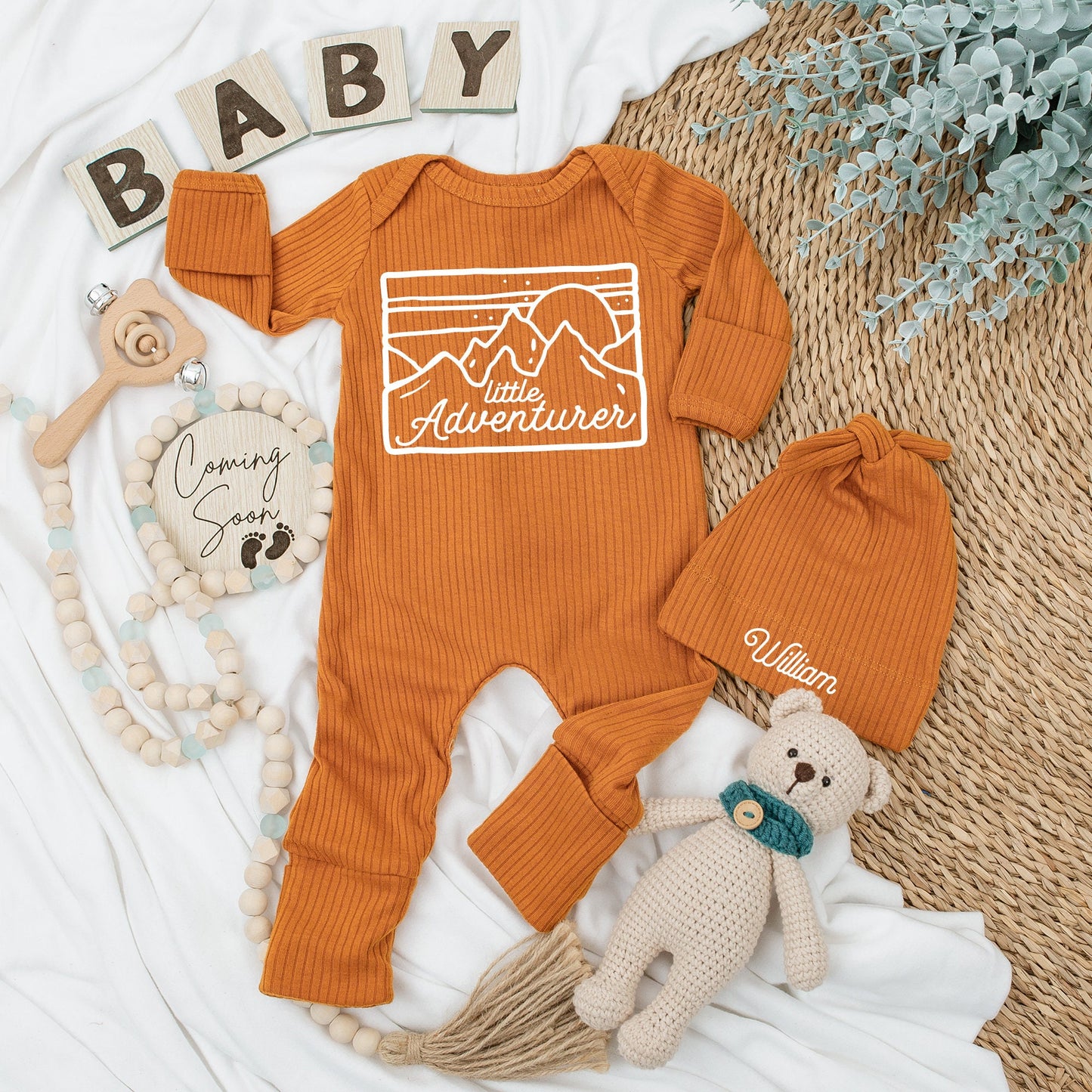 Personalized Little Adventurer Baby Bodysuit Hat Set Mountain Sun Design Custom Name Newborn Outfit Going Home Gift Cute Graphic Soft Cotton Clothing