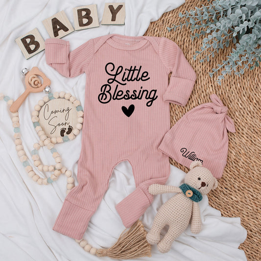 Personalized Little Blessing Baby Bodysuit and Hat Set, Newborn Going Home Outfit, Sweet Infant Gift with Black Script Design, Natural Cotton