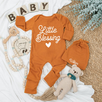 Personalized Little Blessing Baby Bodysuit and Hat Set, Newborn Going Home Outfit, Sweet Infant Gift with Black Script Design, Natural Cotton