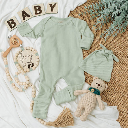 Soft Plain Neutral Baby Bodysuit and Hat Set Long Sleeve Cotton Newborn Infant Coming Home Outfit Baby Shower Gift Blank Announcement Outfit