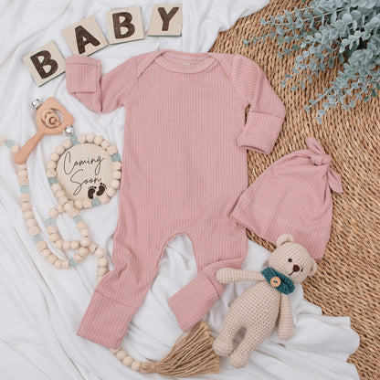 Soft Plain Neutral Baby Bodysuit and Hat Set Long Sleeve Cotton Newborn Infant Coming Home Outfit Baby Shower Gift Blank Announcement Outfit