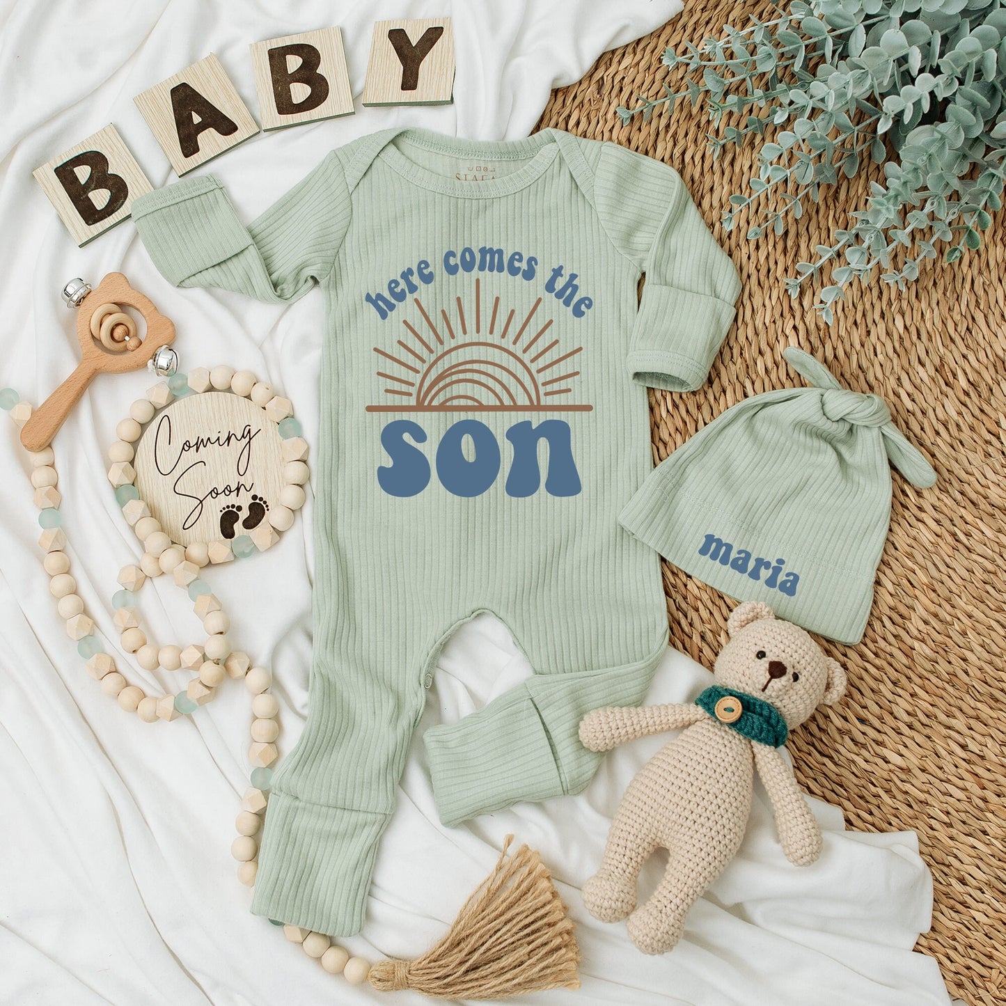 Personalized Here Comes The Son Baby Bodysuit and Hat Set Retro Sun Design Brown Teal Long Sleeve Newborn Coming Home Baby Shower Gift