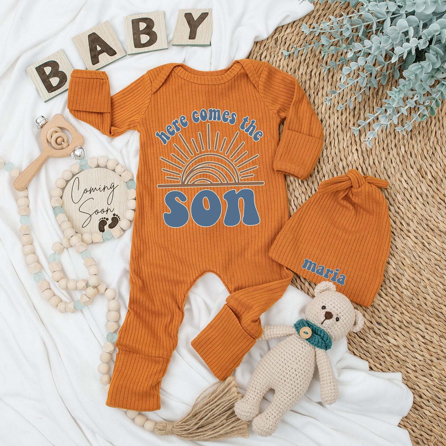 Personalized Here Comes The Son Baby Bodysuit and Hat Set Retro Sun Design Brown Teal Long Sleeve Newborn Coming Home Baby Shower Gift