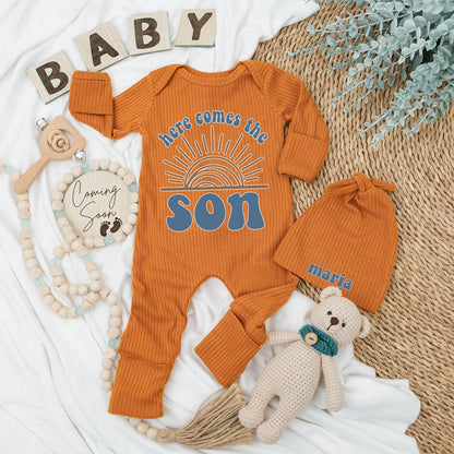 Personalized Here Comes The Son Baby Bodysuit and Hat Set Retro Sun Design Brown Teal Long Sleeve Newborn Coming Home Baby Shower Gift