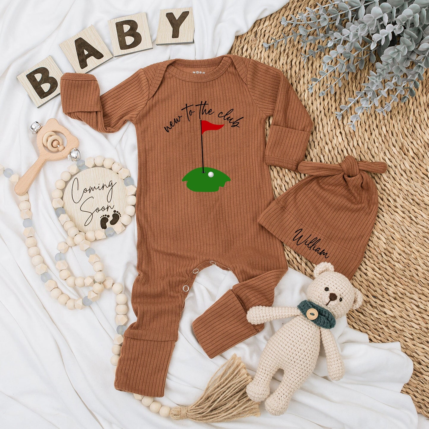 New to the Club Baby Golf Bodysuit & Hat Set Green Flag Design Newborn Coming Home Outfit Baby Shower Gift Long Sleeve Infant Apparel