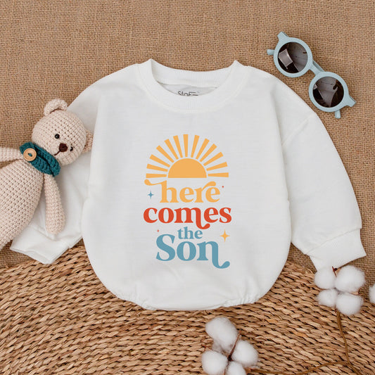 Here Comes the Son Romper Retro Sunshine Baby Bodysuit Minimalist Newborn Coming Home Outfit Playful Yellow Orange Blue Summer Starburst Design