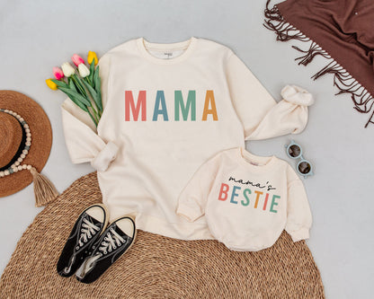 Matching Mama Bestie Sweatshirts Playful Colorful Design Mommy and Me Outfit New Mom Gift Set Mom Daughter Soft Clothes