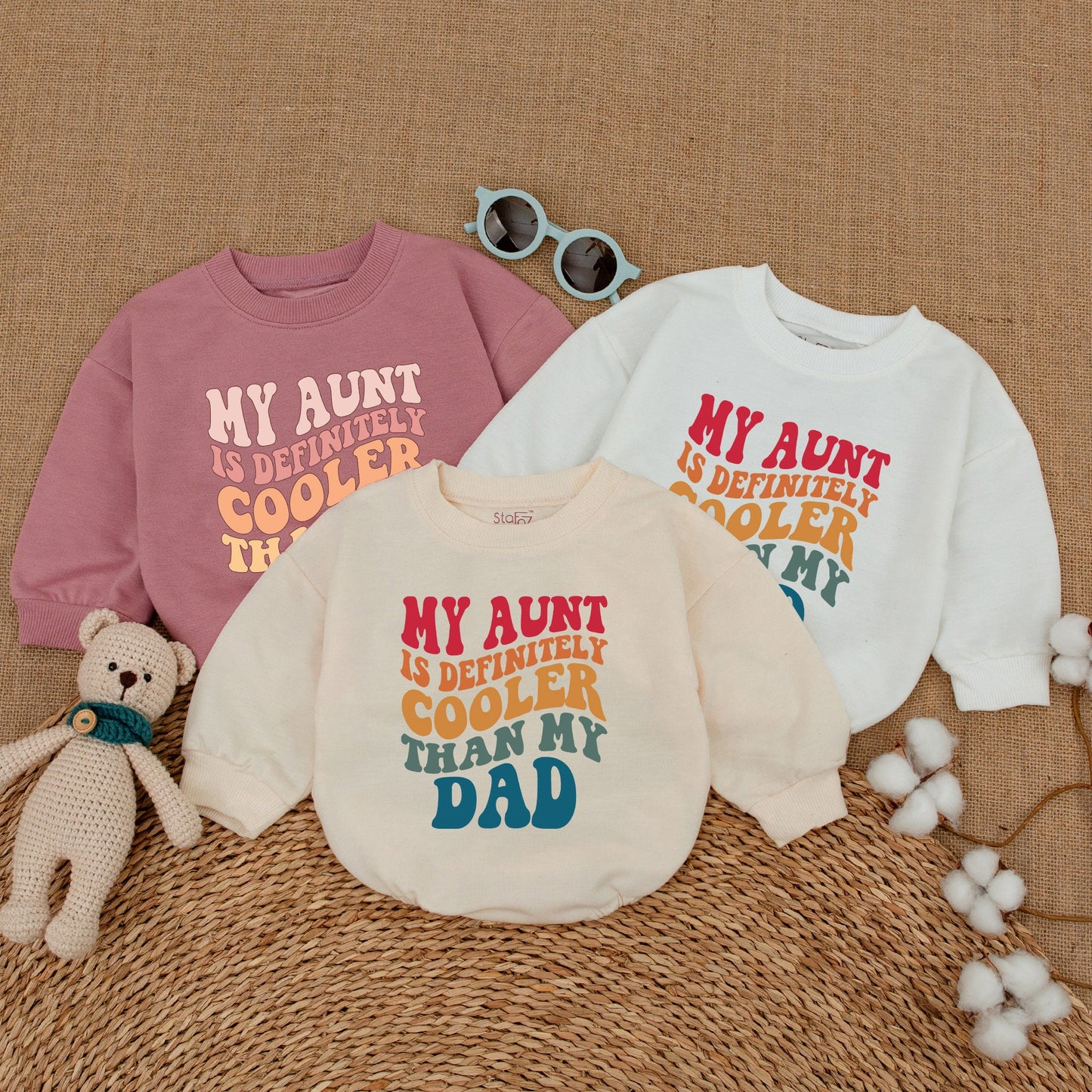 My Aunt is Definitely Cooler Than My Dad Retro Baby Romper, Vintage Auntie's Bestie Bodysuit with Bubbly Font Design, Cool Aunt Shower Gift