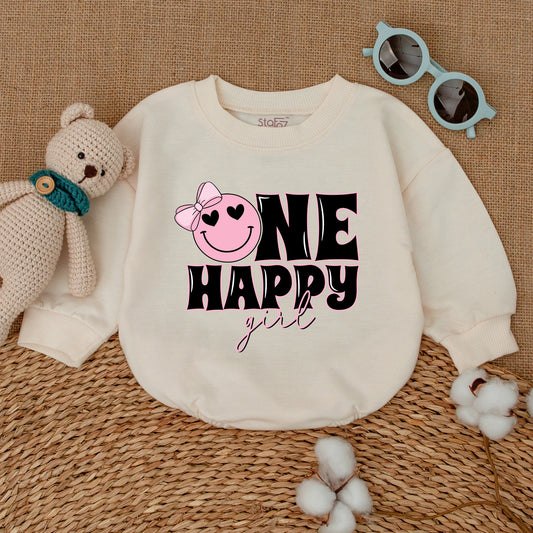 One Happy Girl Romper Matching Family Birthday Outfit Pink Smiley Face Bow Heart Eye Cake Smash Baby Girl Bodysuit Comfortable Soft Cotton