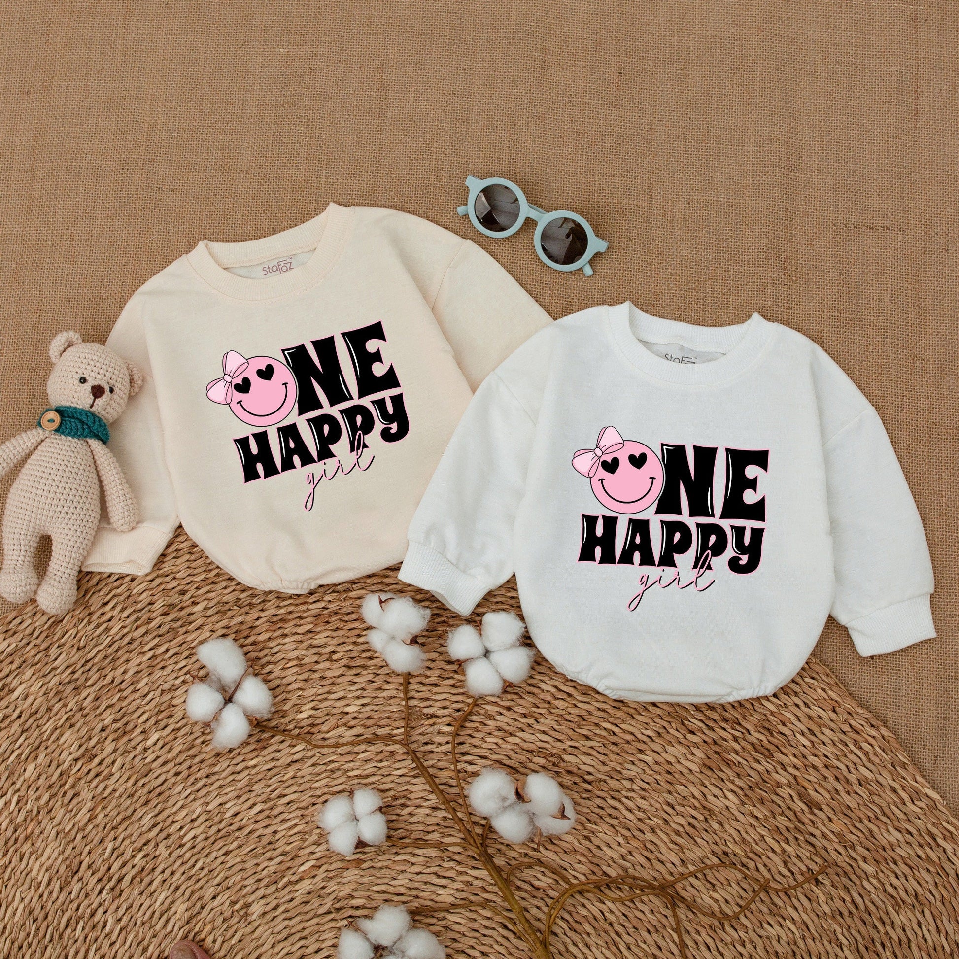 One Happy Girl Romper Matching Family Birthday Outfit Pink Smiley Face Bow Heart Eye Cake Smash Baby Girl Bodysuit Comfortable Soft Cotton