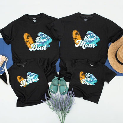 Surf 1st Birthday Shirt The Big One Toddler Boy Outfit Yellow Surfboard Palm Tree Waves Summery Beach Party Mommy and Me Family Tee