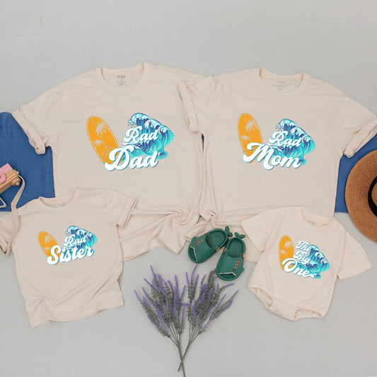 Surf 1st Birthday Shirt The Big One Toddler Boy Outfit Yellow Surfboard Palm Tree Waves Summery Beach Party Mommy and Me Family Tee