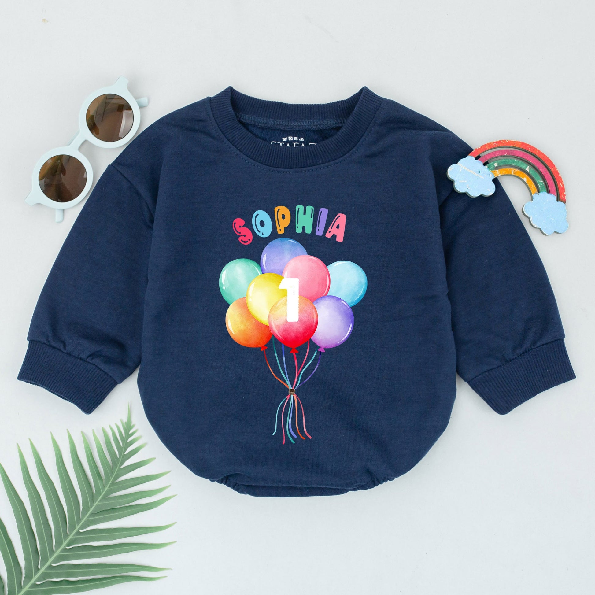 Personalized First Birthday Romper Whimsical Multicolored Balloons Number 1 Baby Girl Bodysuit Comfortable Celebration Outfit Bubble Design Gift