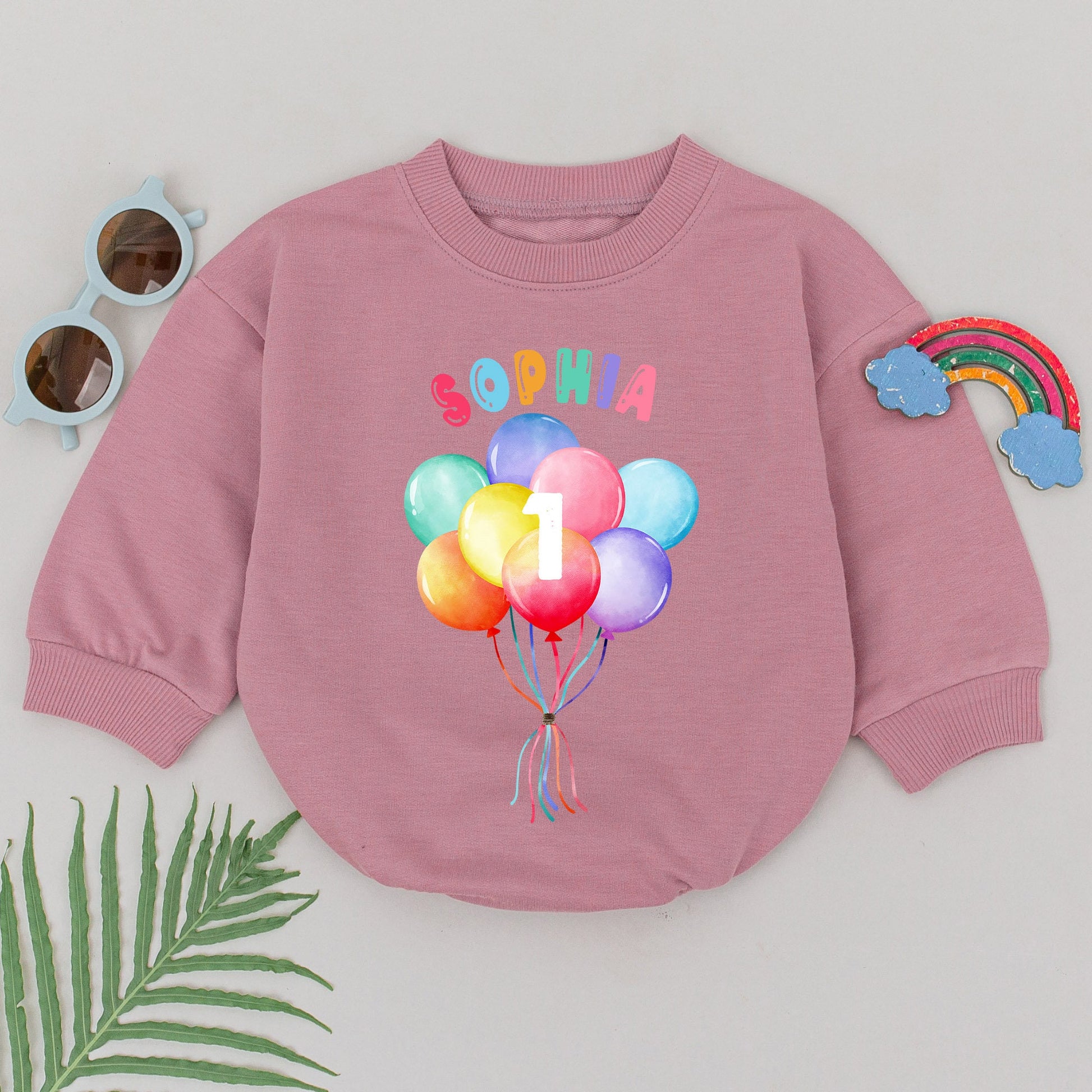 Personalized First Birthday Romper Whimsical Multicolored Balloons Number 1 Baby Girl Bodysuit Comfortable Celebration Outfit Bubble Design Gift