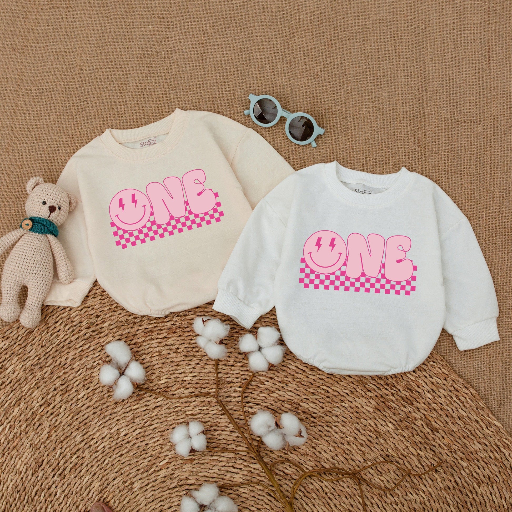 Pink First Birthday Romper with Happy Face Lightning Eyes ONE Bubble Font Cute Baby Girl Cake Smash Outfit Bodysuit Gift
