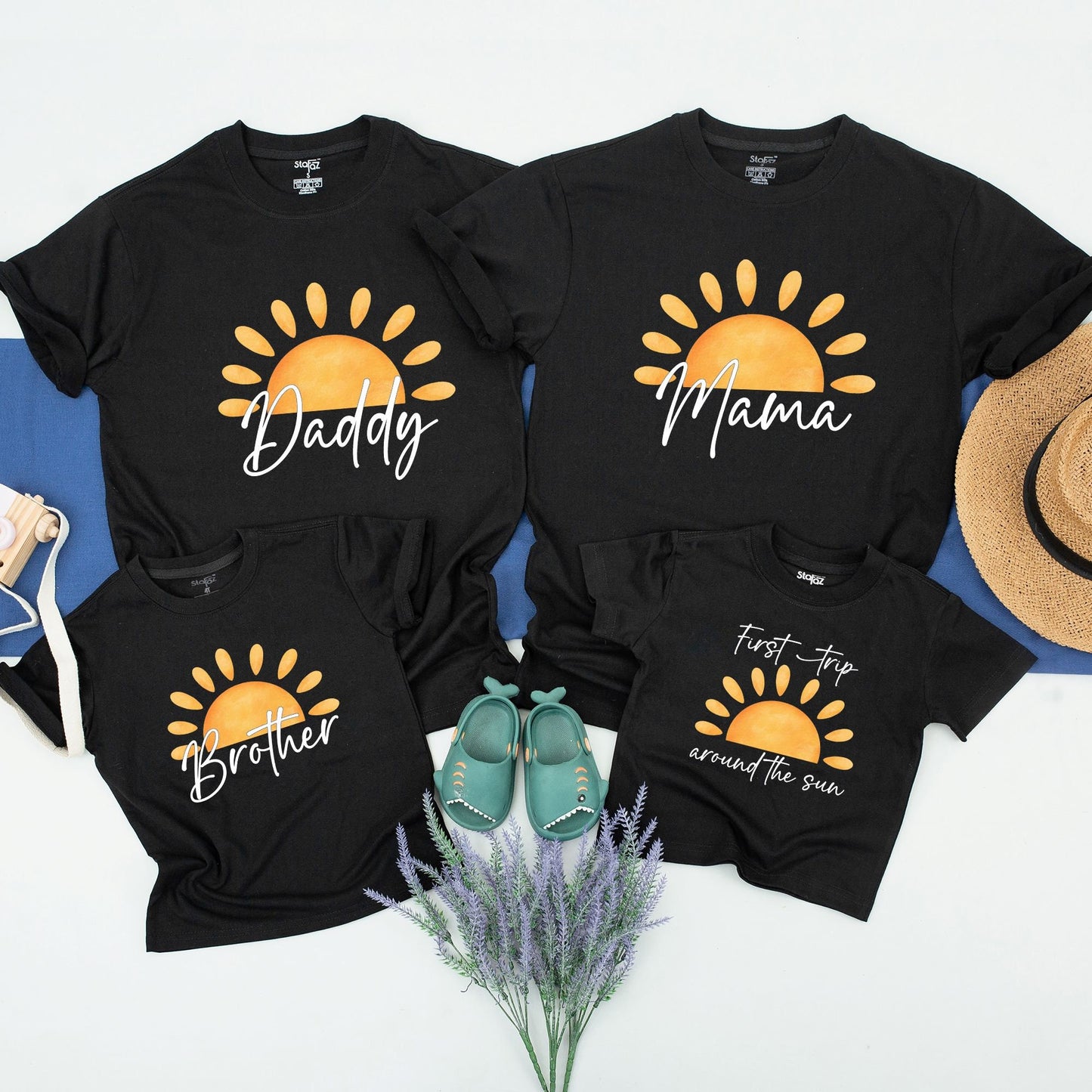 Custom First Trip Around The Sun Birthday Shirt with Cheerful Boho Sun Design for Matching Family First Birthday Outfits featuring bright orange and yellow rays