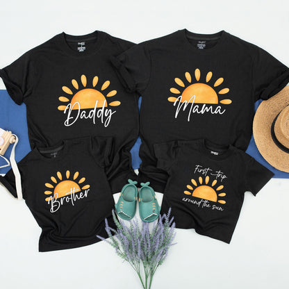 Custom First Trip Around The Sun Birthday Shirt with Cheerful Boho Sun Design for Matching Family First Birthday Outfits featuring bright orange and yellow rays