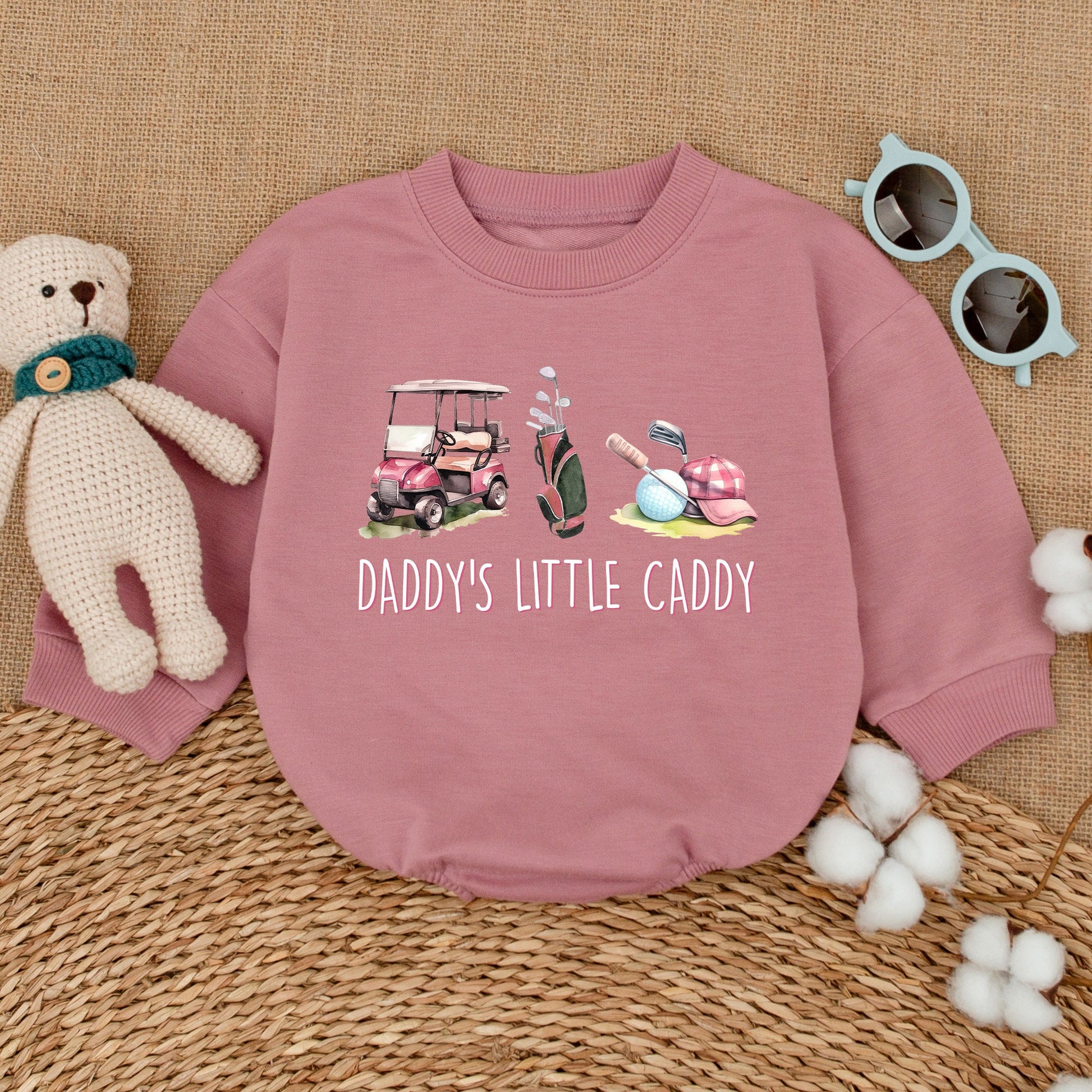 Pink Golf Cart Daddy's Little Caddy Romper for Baby Girl, Cute Golfing Bodysuit with Plaid Cap, Perfect Father's Day Baby Shower Gift