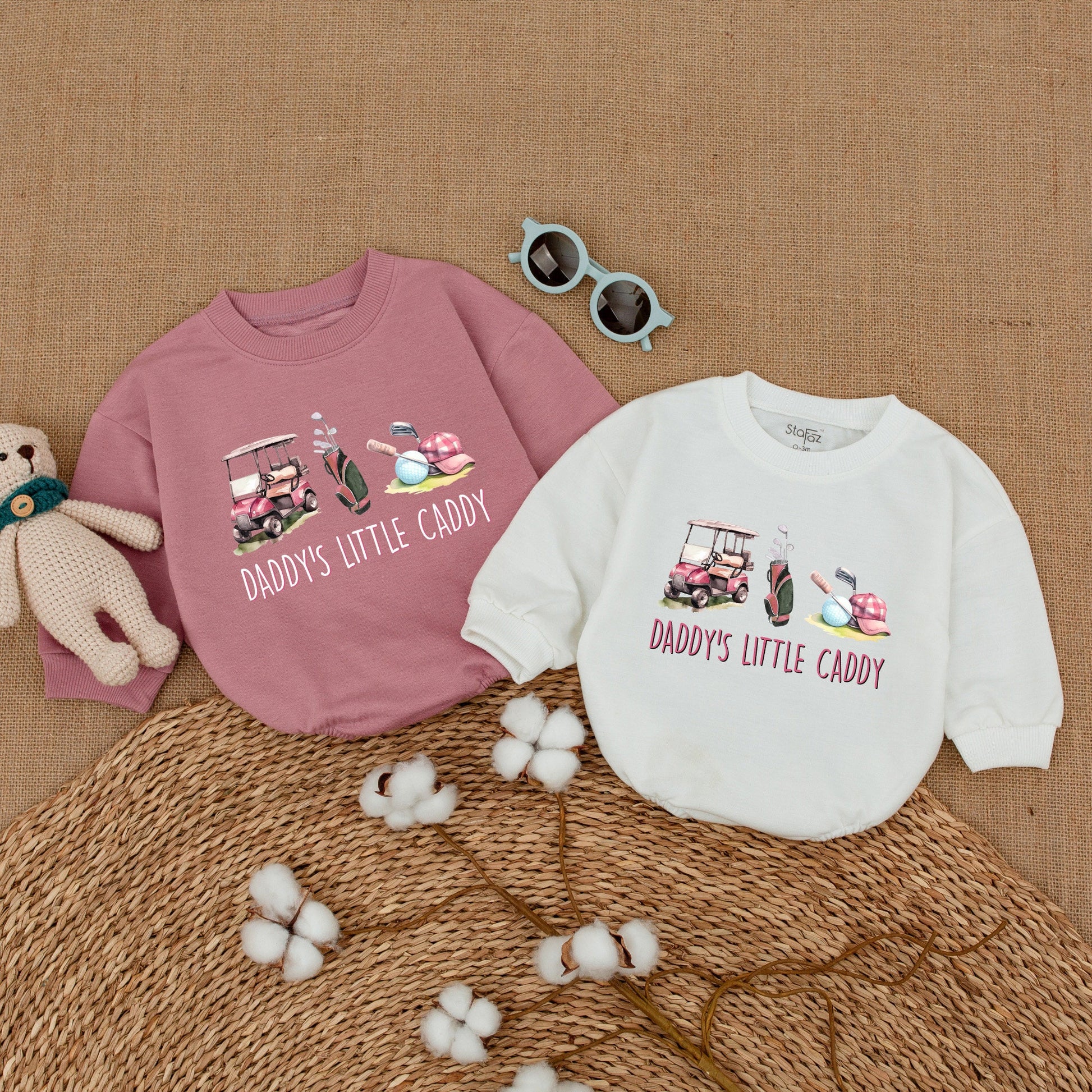 Pink Golf Cart Daddy's Little Caddy Romper for Baby Girl, Cute Golfing Bodysuit with Plaid Cap, Perfect Father's Day Baby Shower Gift