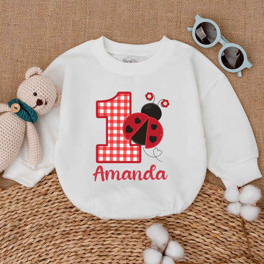 Personalized Ladybug 1st Birthday Romper Red Checkered One Name Bodysuit Cute Heart Spots Flowers Baby Girl Smash Cake Outfit