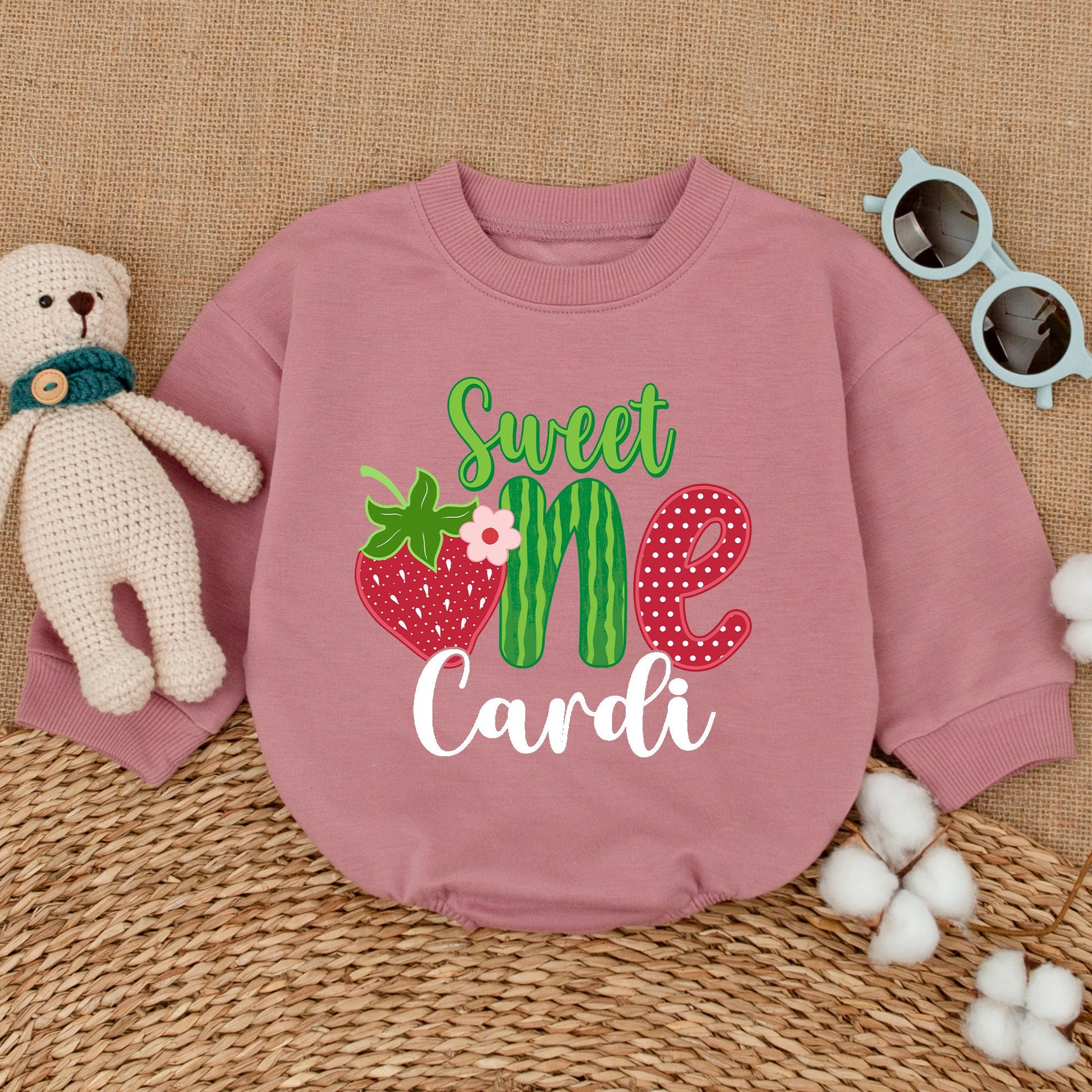 Personalized Sweet One Strawberry Birthday Bubble Romper Baby Girl First Birthday Smash Cake Outfit Playful Fruit Design Green Red Script Baby Shower Gift
