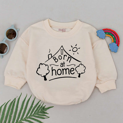 Born at Home Romper Sweet Hand-Drawn House Sun Design Newborn Baby Girl Boy Outfit for Natural Homebirth Water Birth Announcement Gift