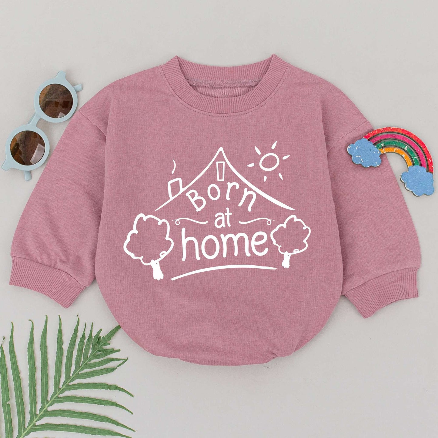 Born at Home Romper Sweet Hand-Drawn House Sun Design Newborn Baby Girl Boy Outfit for Natural Homebirth Water Birth Announcement Gift