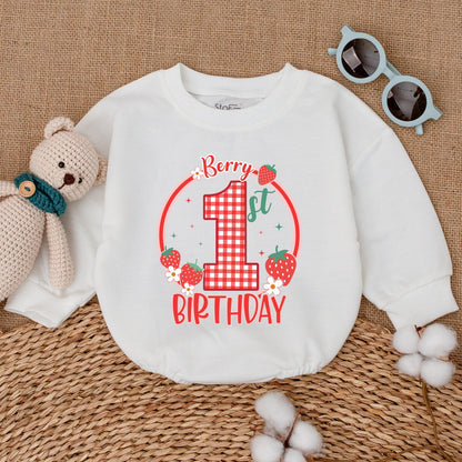 Berry Sweet One 1st Birthday Romper Baby Girl First Celebration Outfit Strawberry Gingham Smash Cake Bodysuit Baby Shower Gift