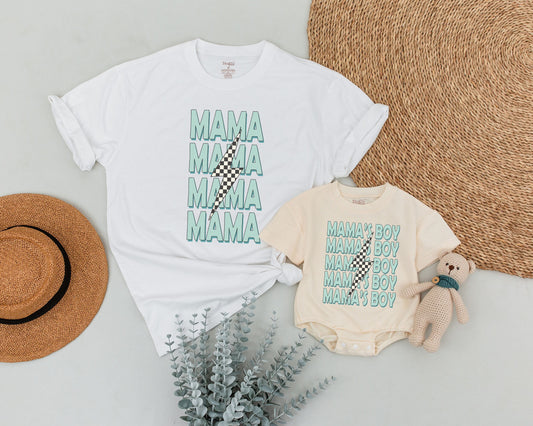 Mama and Son Matching Outfits featuring Stacked Mamas Boy Teal Lightning Bolt Modern Checkerboard Playful Toddler Baby Shower Gift