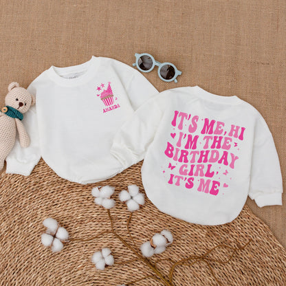 Personalized It's Me Hi Birthday Girl Bubble Romper Baby Girl First Birthday In My Birthday Era Bodysuit Smash Cake Outfit Shower Gift