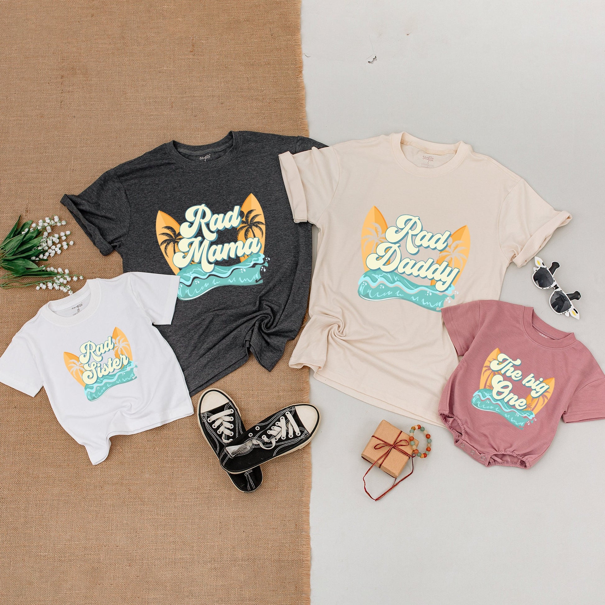 The Big One First Birthday Surf Family Matching Outfits Rad Daddy Mommy and Me Bodysuit Shirt Vintage Retro Beach Party Wave Design Celebration