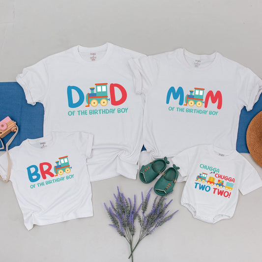 Matching Family Train Birthday Shirts Colorful Chugga Chugga Two Two Baby Tee and Mom Dad Bro Transportation Party Outfits