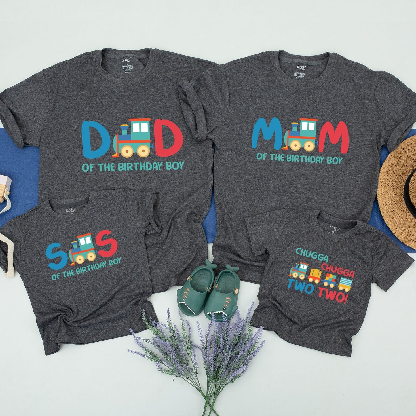 Matching Family Train Birthday Shirts Colorful Chugga Chugga Two Two Baby Tee and Mom Dad Bro Transportation Party Outfits