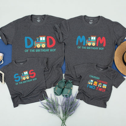 Matching Family Train Birthday Shirts Colorful Chugga Chugga Two Two Baby Tee and Mom Dad Bro Transportation Party Outfits