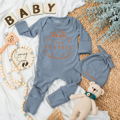 Personalized Little Pumpkin Baby Bodysuit and Hat Set with Custom Name White Minimalist Artwork Newborn Coming Home Outfit Long Sleeve Fall Gift